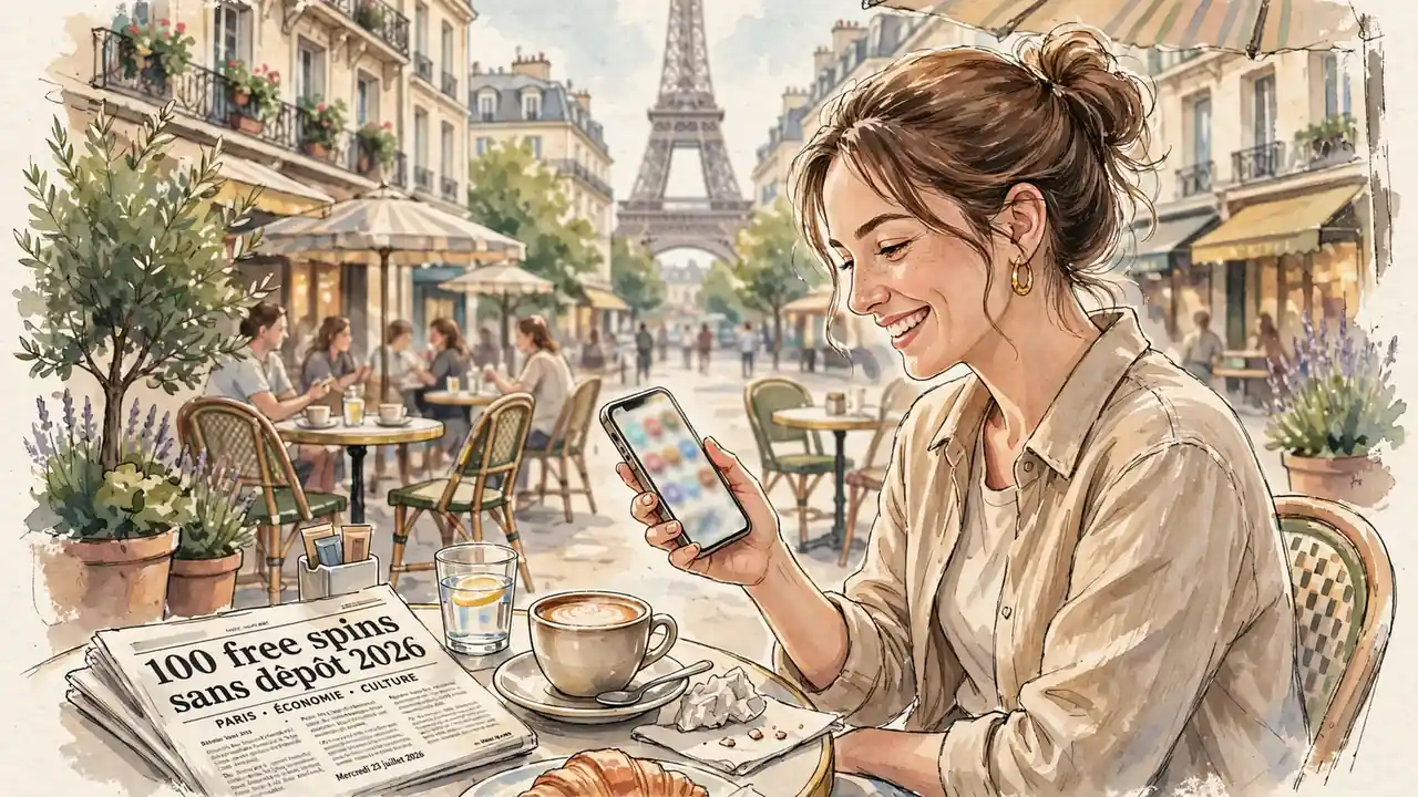 Jeune femme à la terrasse d'un café parisien, smartphone flou, Tour Eiffel en arrière-plan, lumière chaleureuse