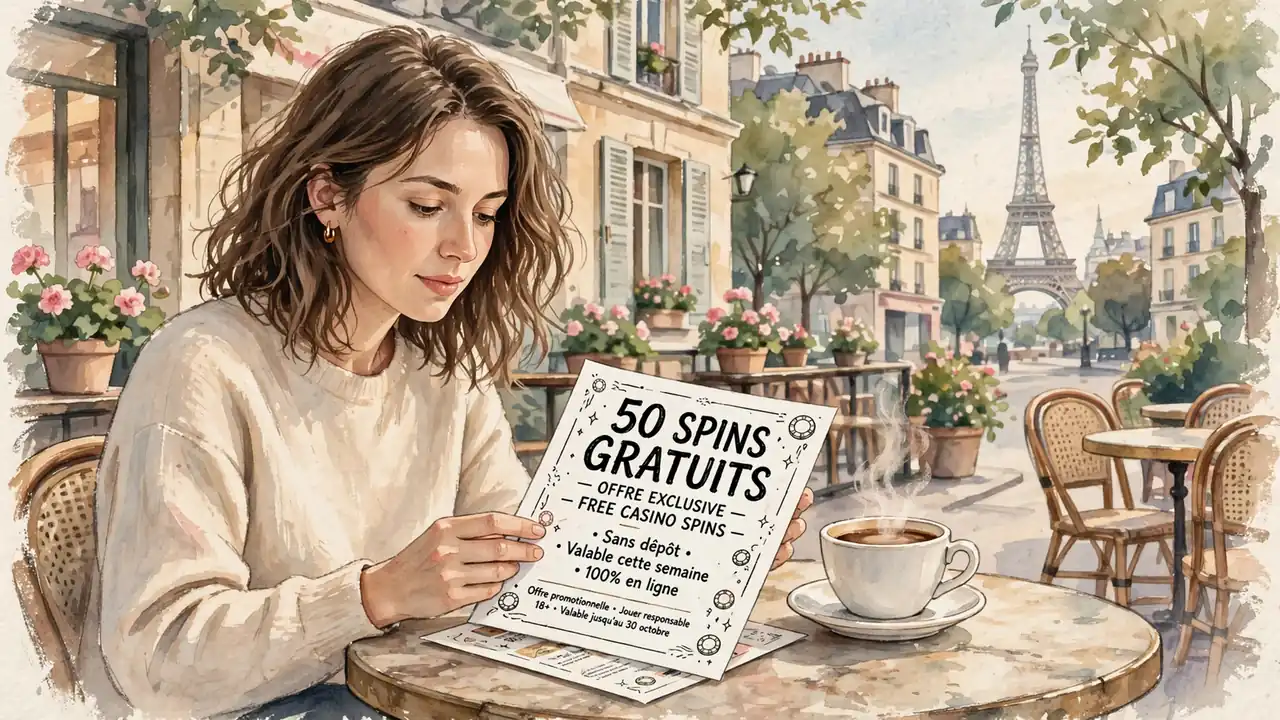 Femme française lisant un flyer sur les free spins à Paris