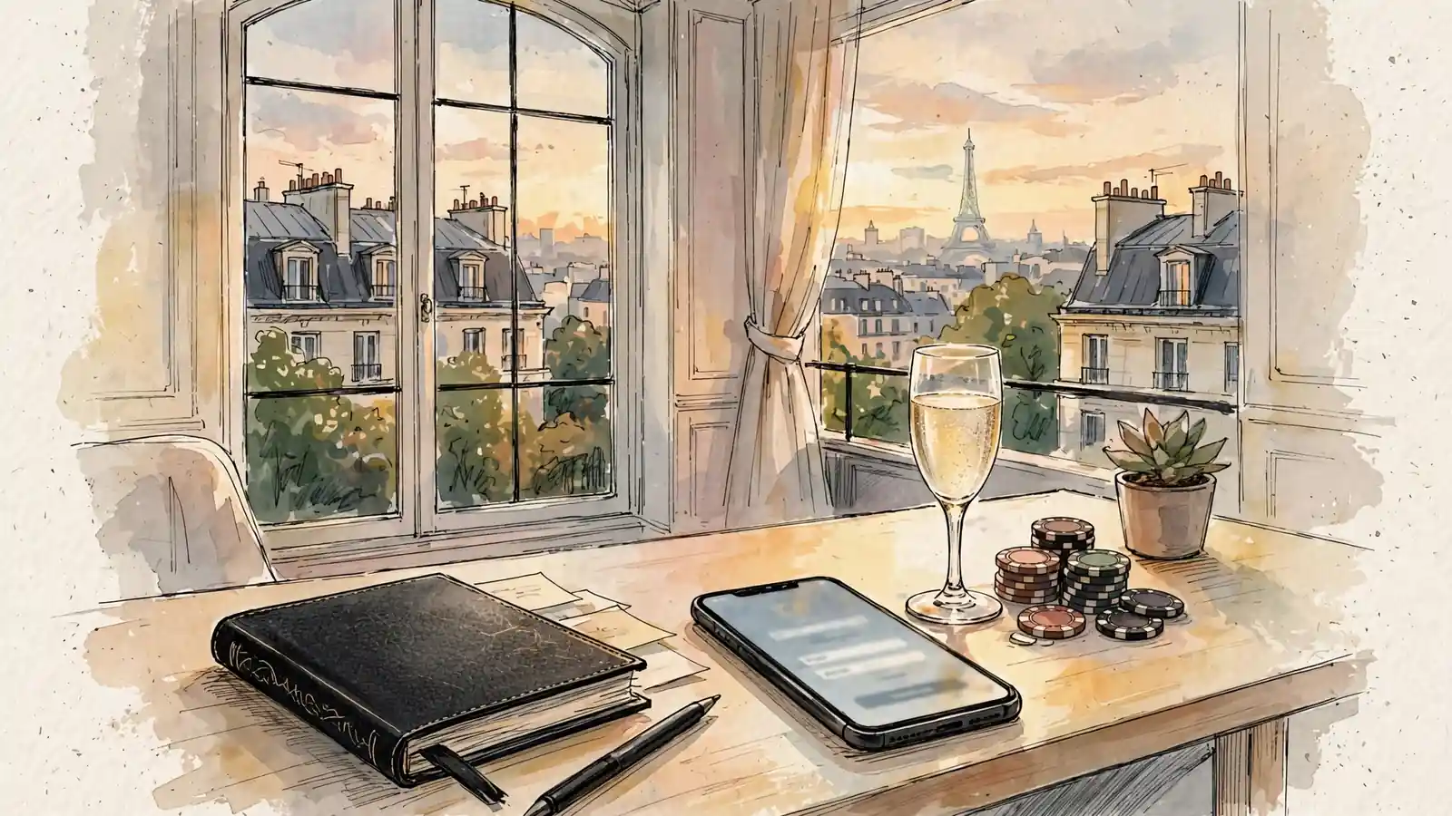Bureau élégant à Paris avec vue sur la Tour Eiffel, cahier noir et chips de casino.