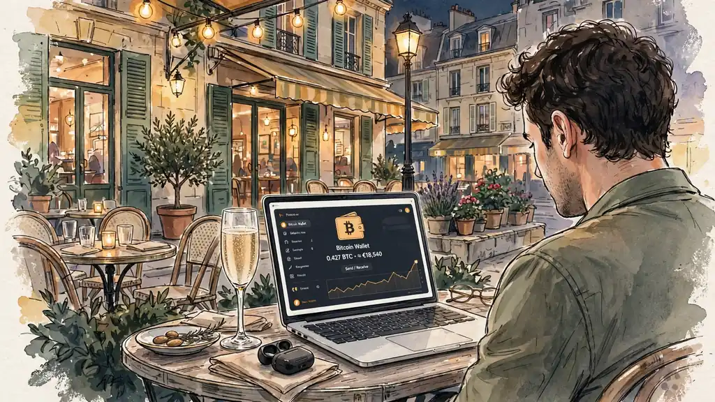 Terrasse française nocturne avec ordinateur portable et icône Bitcoin