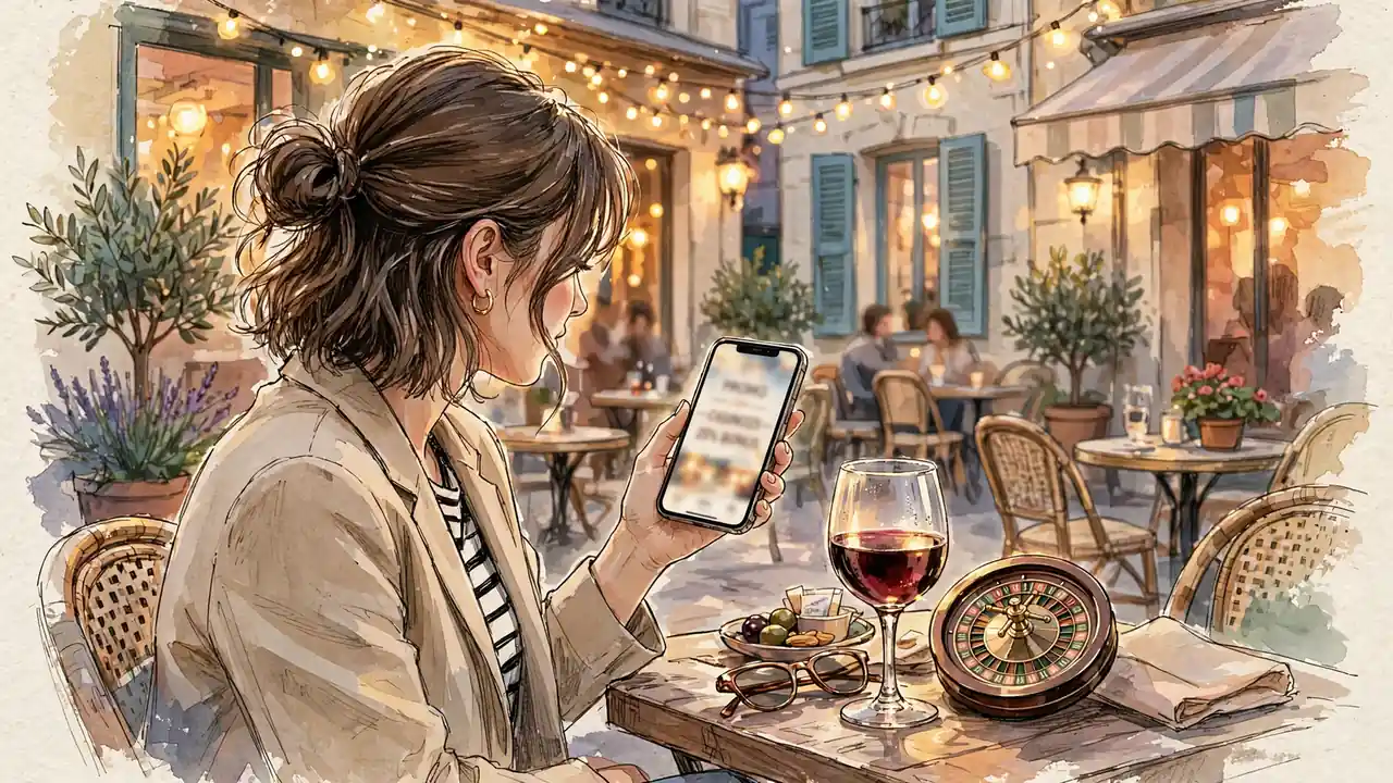 Terrasse de café française avec smartphone et roulette décorative