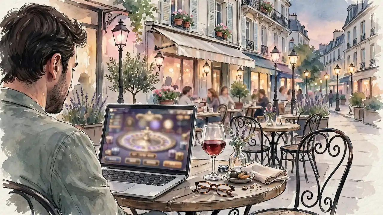 Terrasse de café français avec ordinateur portable et ambiance de casino
