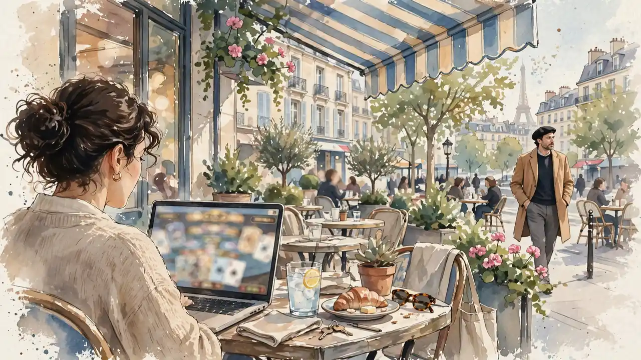 Terrasse parisienne avec ordinateur portable et jeu de casino flou