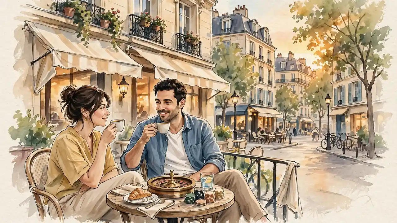 Terrasse de café parisienne au coucher du soleil avec des jetons de casino et une roulette décorative.