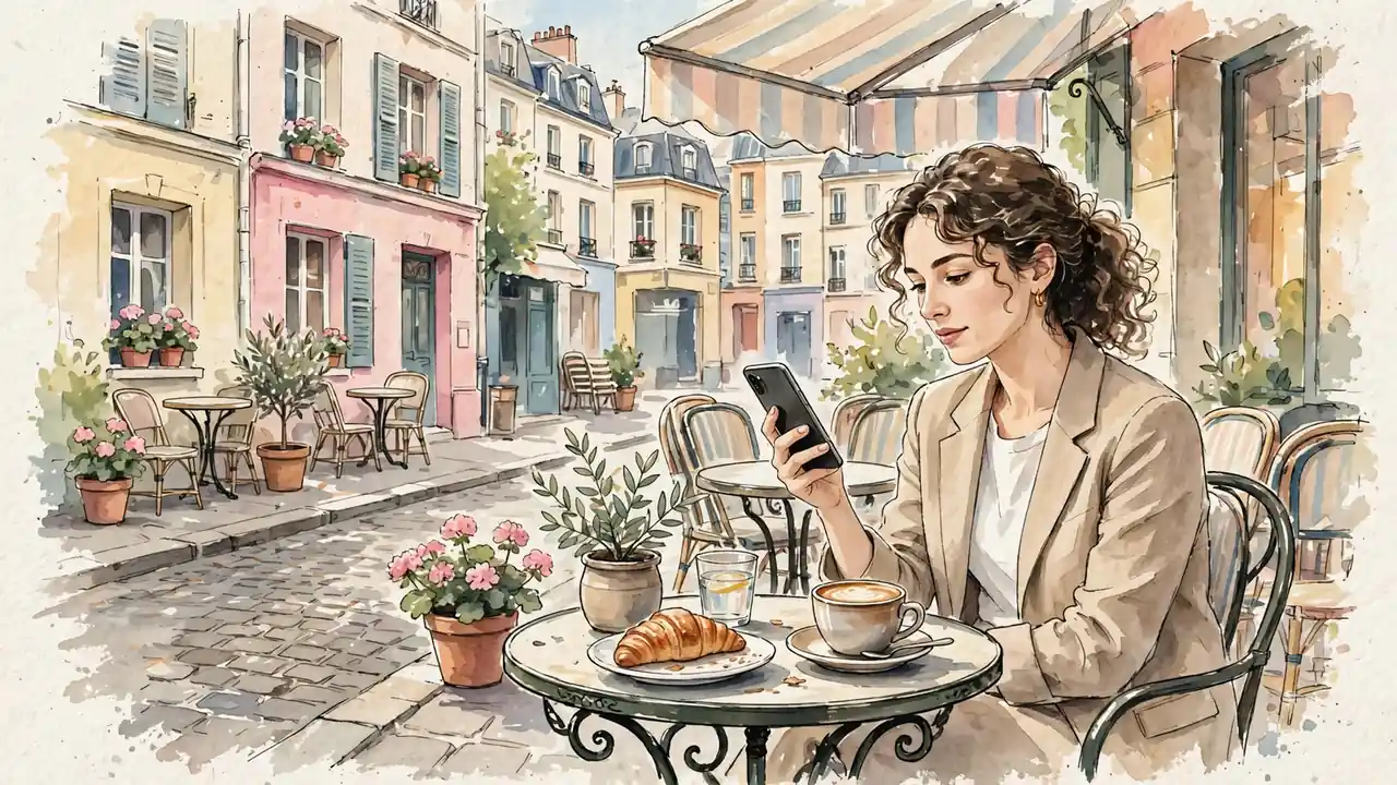 Jeune femme française au café, smartphone à la main, lumière du jour