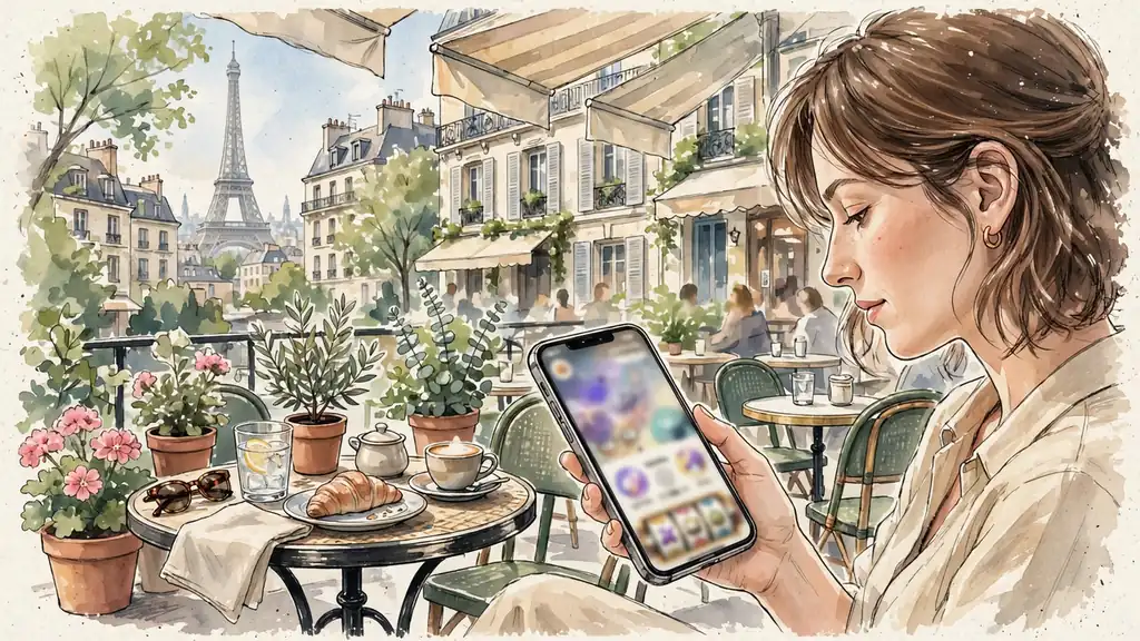 Jeune femme française au café avec smartphone, Tour Eiffel en arrière-plan