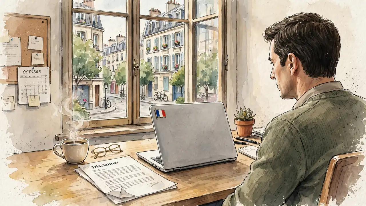 Bureau français avec document de disclaimer et tasse de café