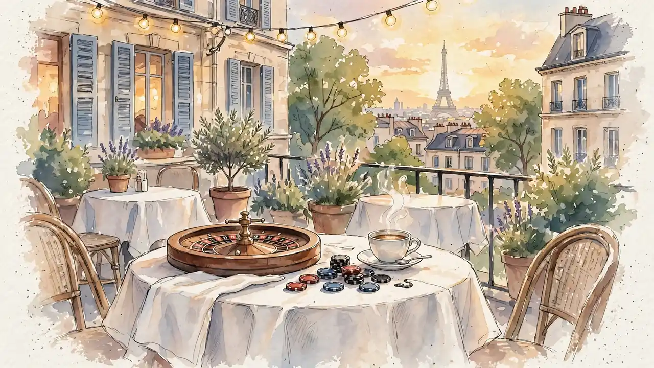 Terrasse de café française avec roulette et jetons au crépuscule