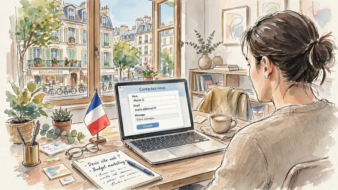 Bureau moderne avec ordinateur, café et drapeau français