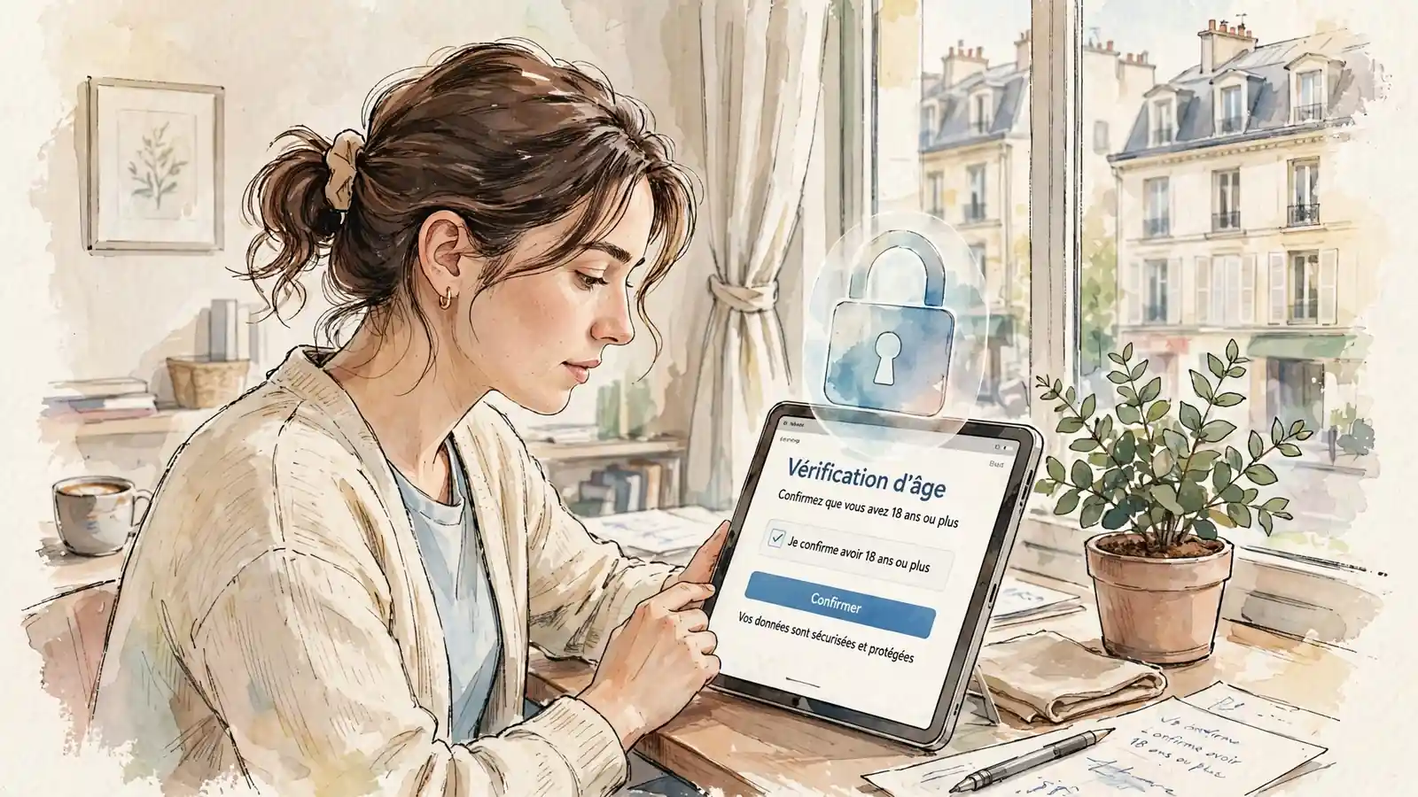 Femme française vérifie l'âge sur tablette