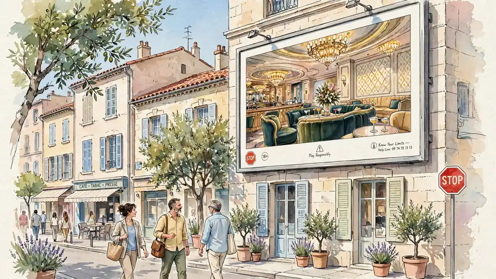 Panneau publicitaire de casino avec icônes d'avertissement