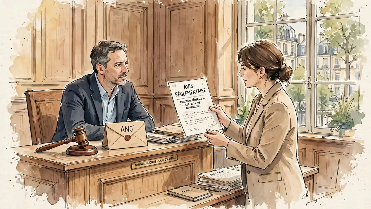 Salle d'audience avec marteau et dossier ANJ