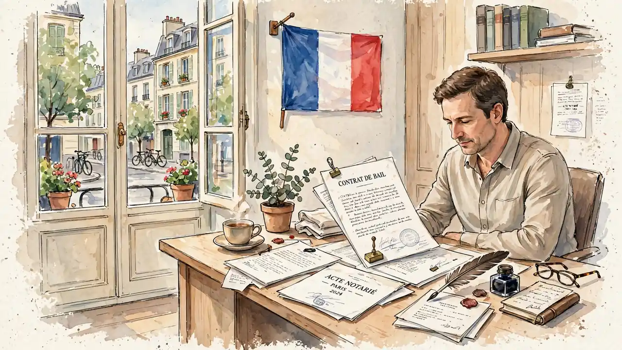 Bureau français avec documents légaux et drapeau français