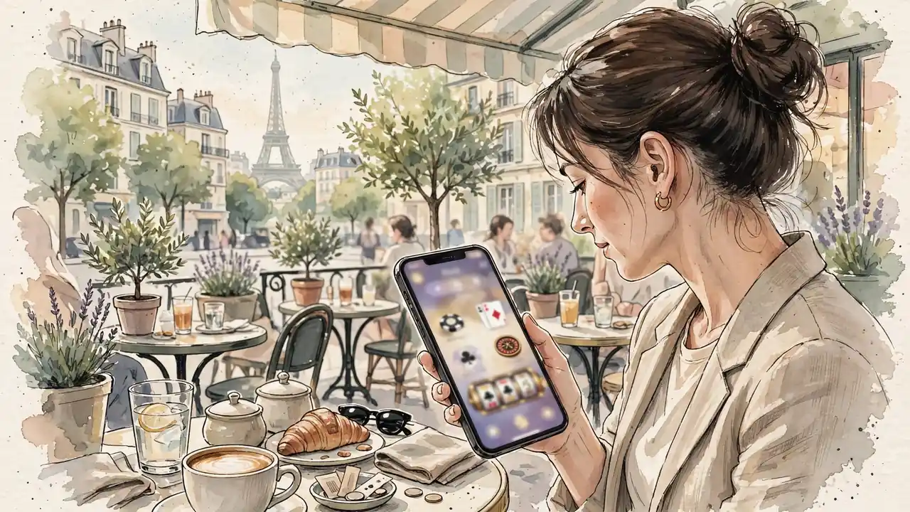 Jeune femme avec smartphone, terrasse parisienne, éclairage ensoleillé
