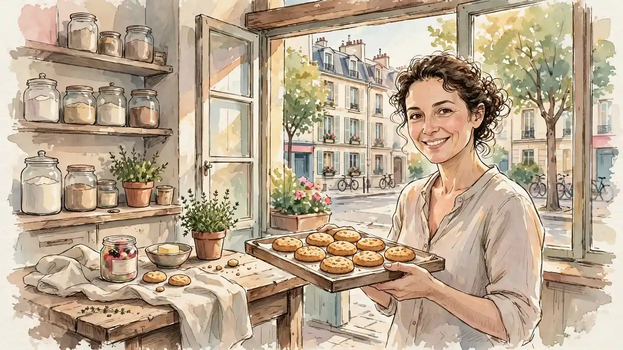 Boulanger français tenant un plateau de biscuits dans une cuisine éclairée