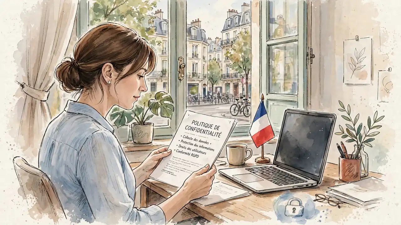Femme française lisant une politique de confidentialité dans un bureau lumineux.