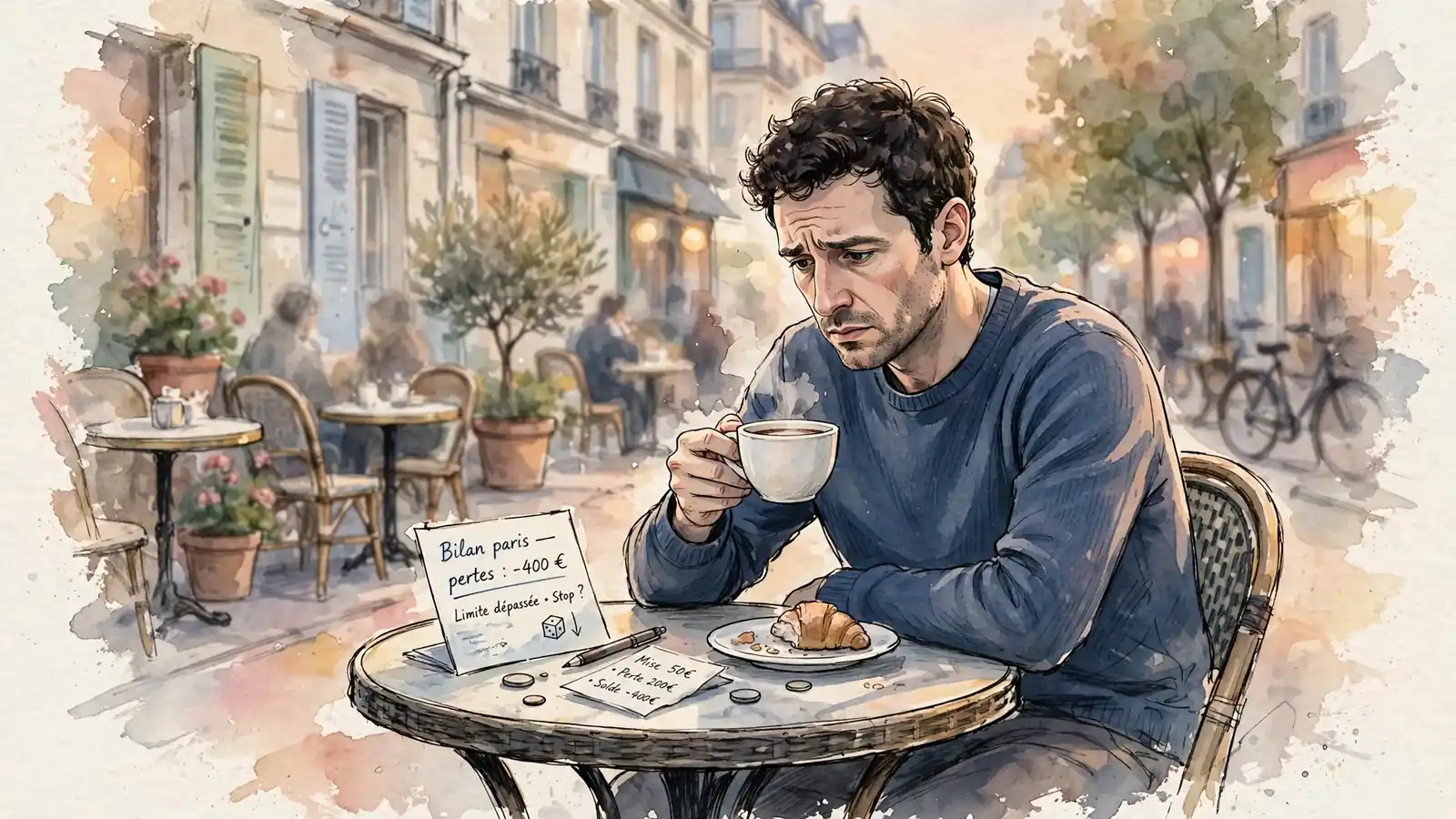 Adulte réfléchi au café, visage inquiet, lumière du soir