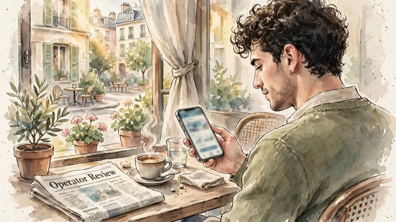 Jeune Français au café avec smartphone et journal d'évaluation
